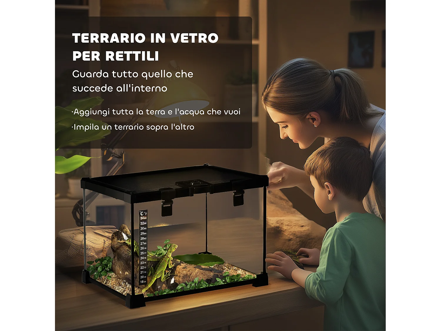 Terrario per rettili rialzato con serratura e termometro 30x30x20 cm nero