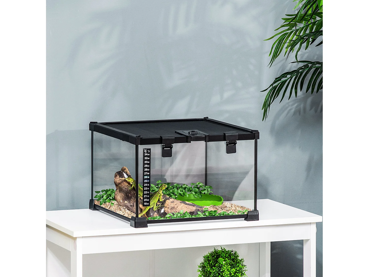 Terrario per rettili rialzato con serratura e termometro 30x30x20 cm nero
