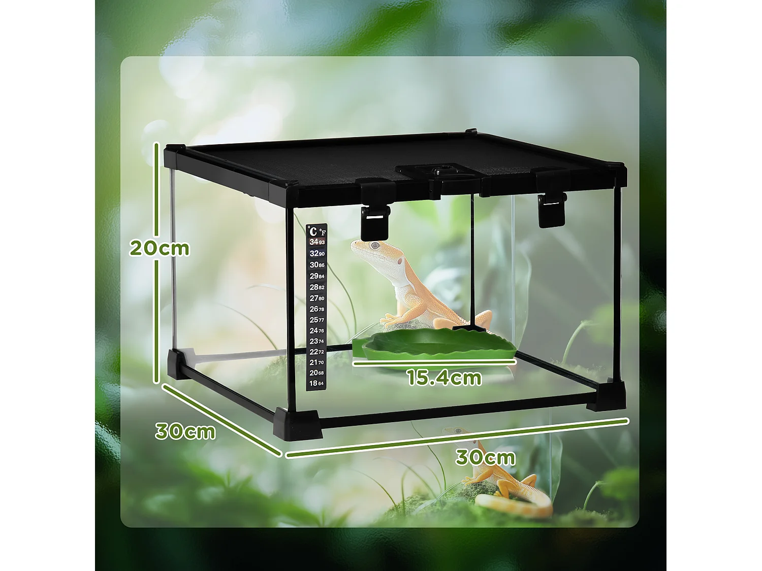 Terrario per rettili rialzato con serratura e termometro 30x30x20 cm nero