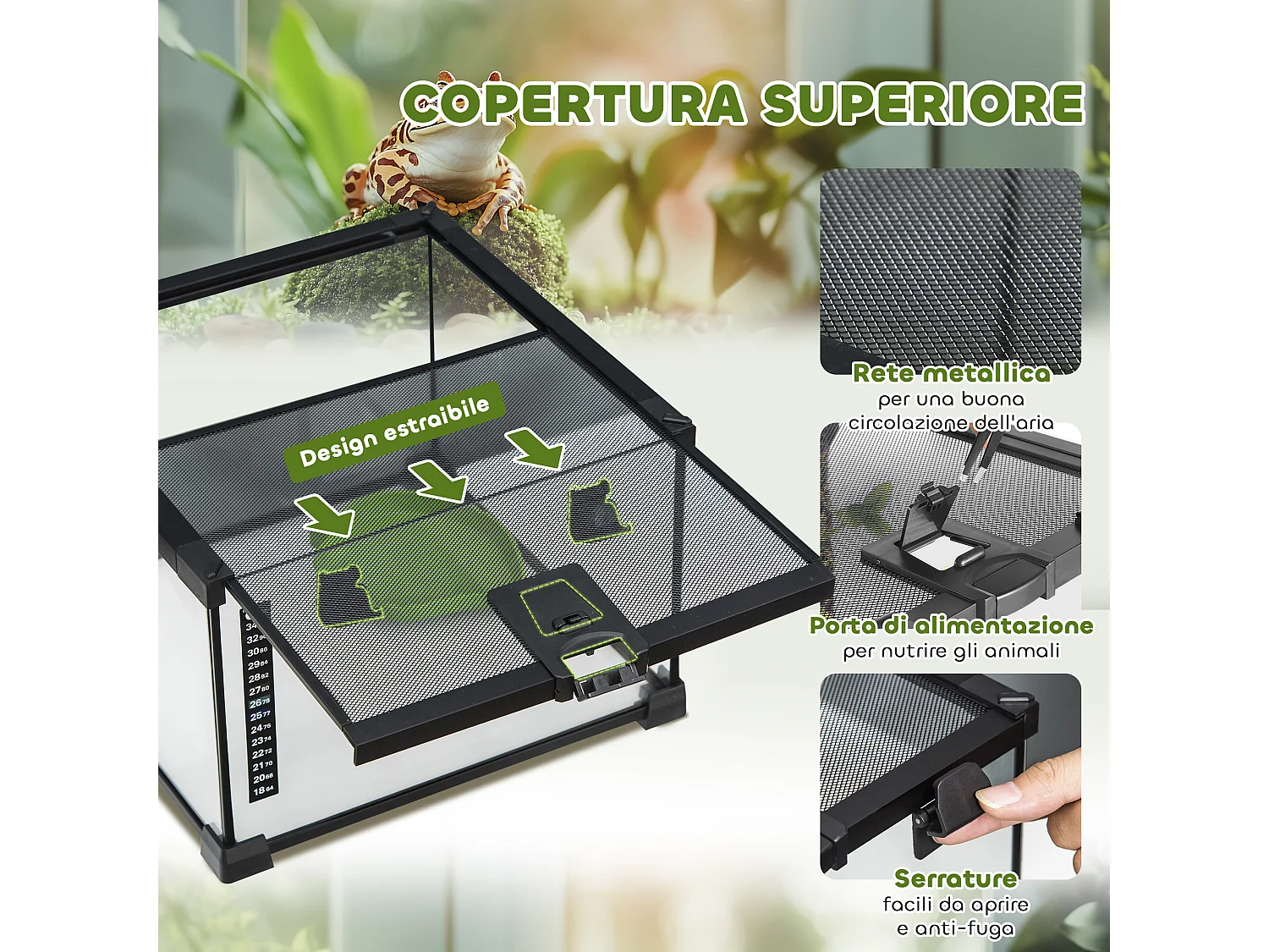 Terrario per rettili rialzato con serratura e termometro 30x30x20 cm nero