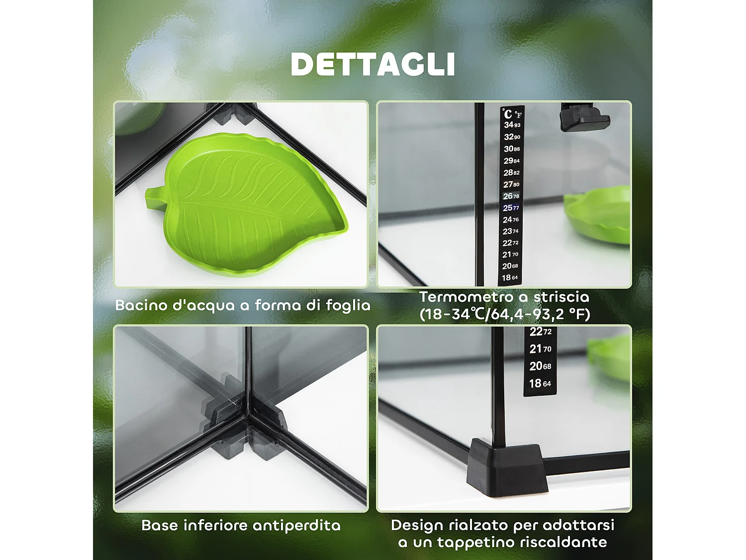 Terrario per rettili rialzato con serratura e termometro 30x30x20 cm nero