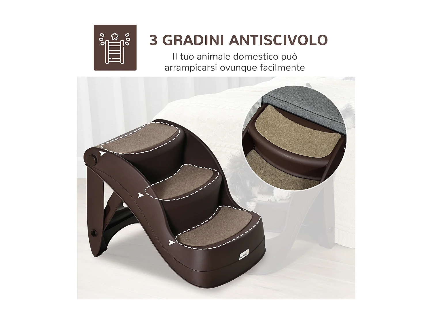 Scaletta per cani pieghevole con 3 gradini antiscivolo in pp marrone