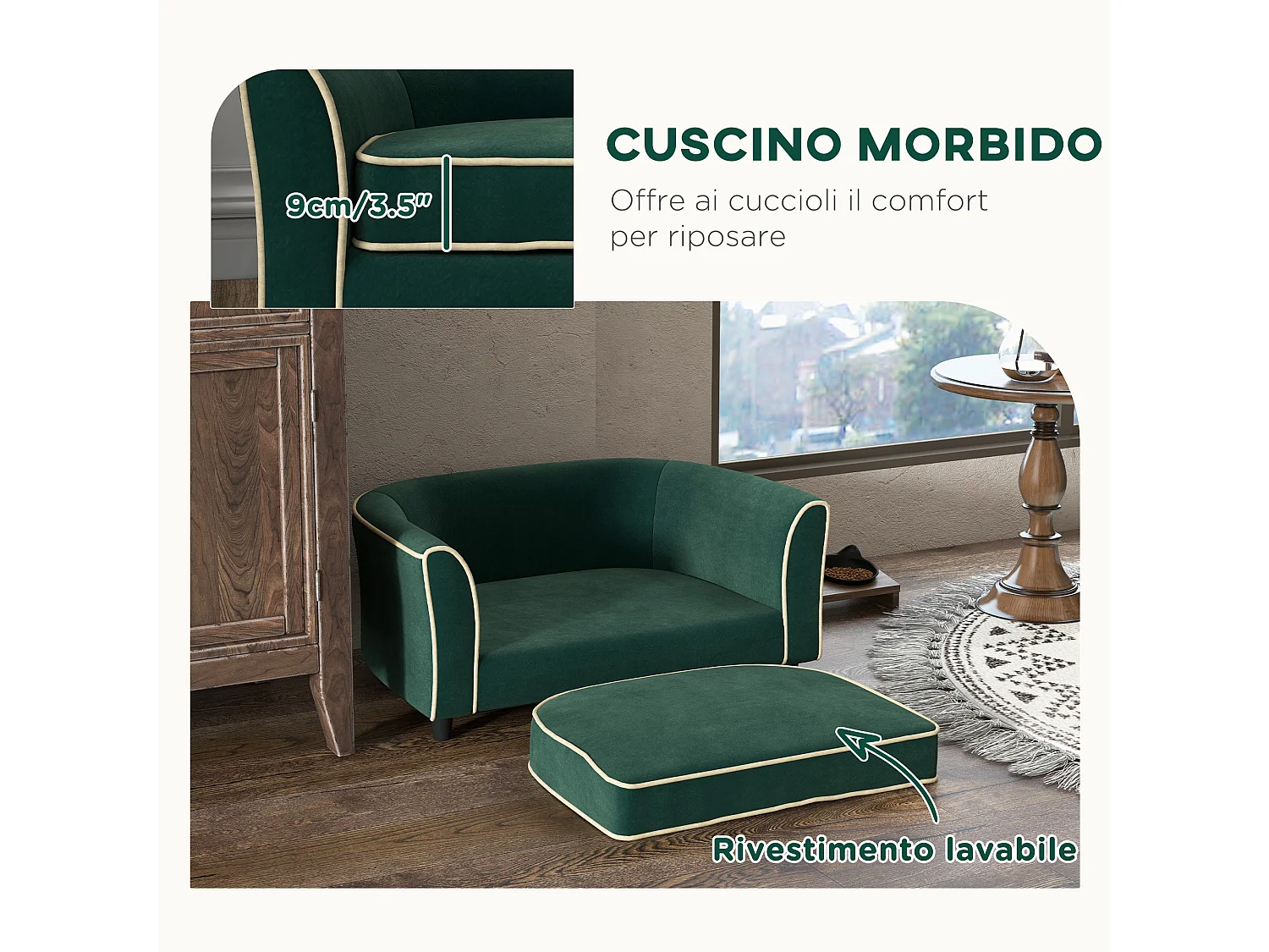 Divano per cani con cuscino incluso 79x56x35 cm verde scuro