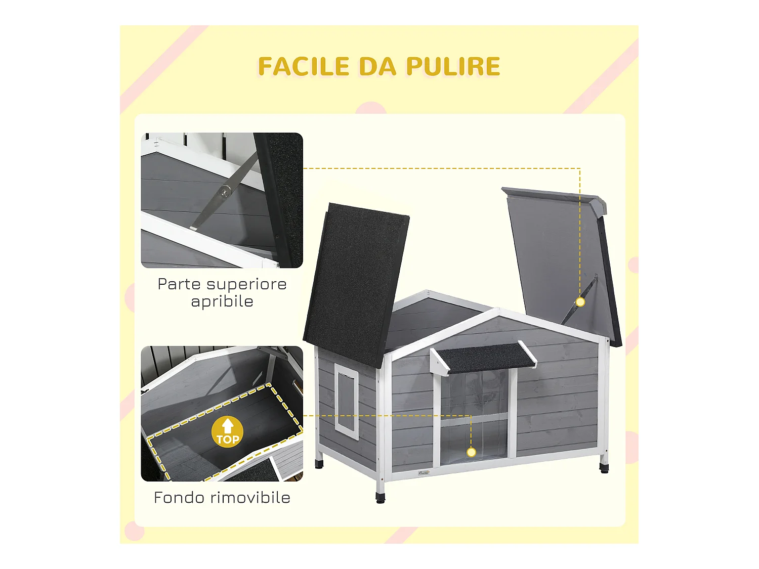 Casetta per cani in legno di abete con 2 finestre e fondo rimovibile