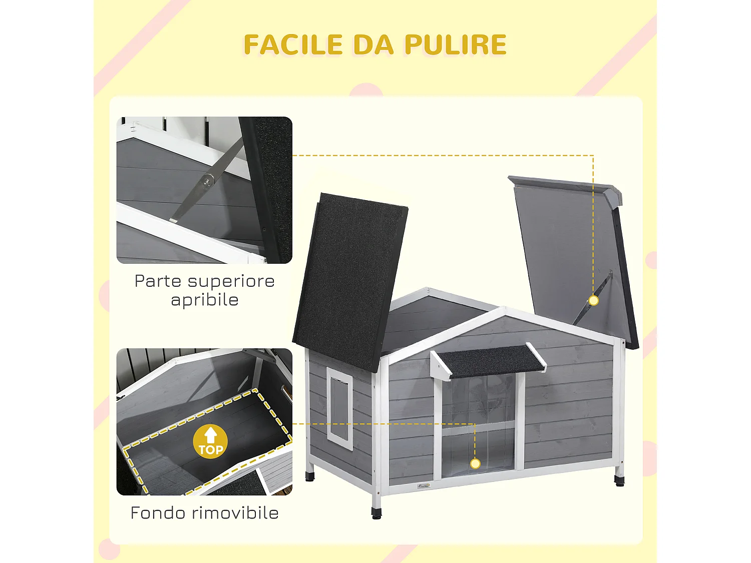 Casetta per cani in legno di abete con 2 finestre e fondo rimovibile