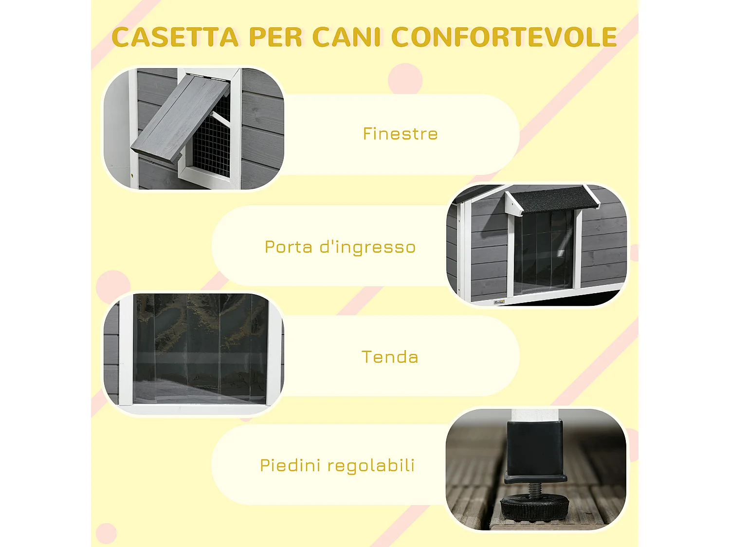 Casetta per cani in legno di abete con 2 finestre e fondo rimovibile
