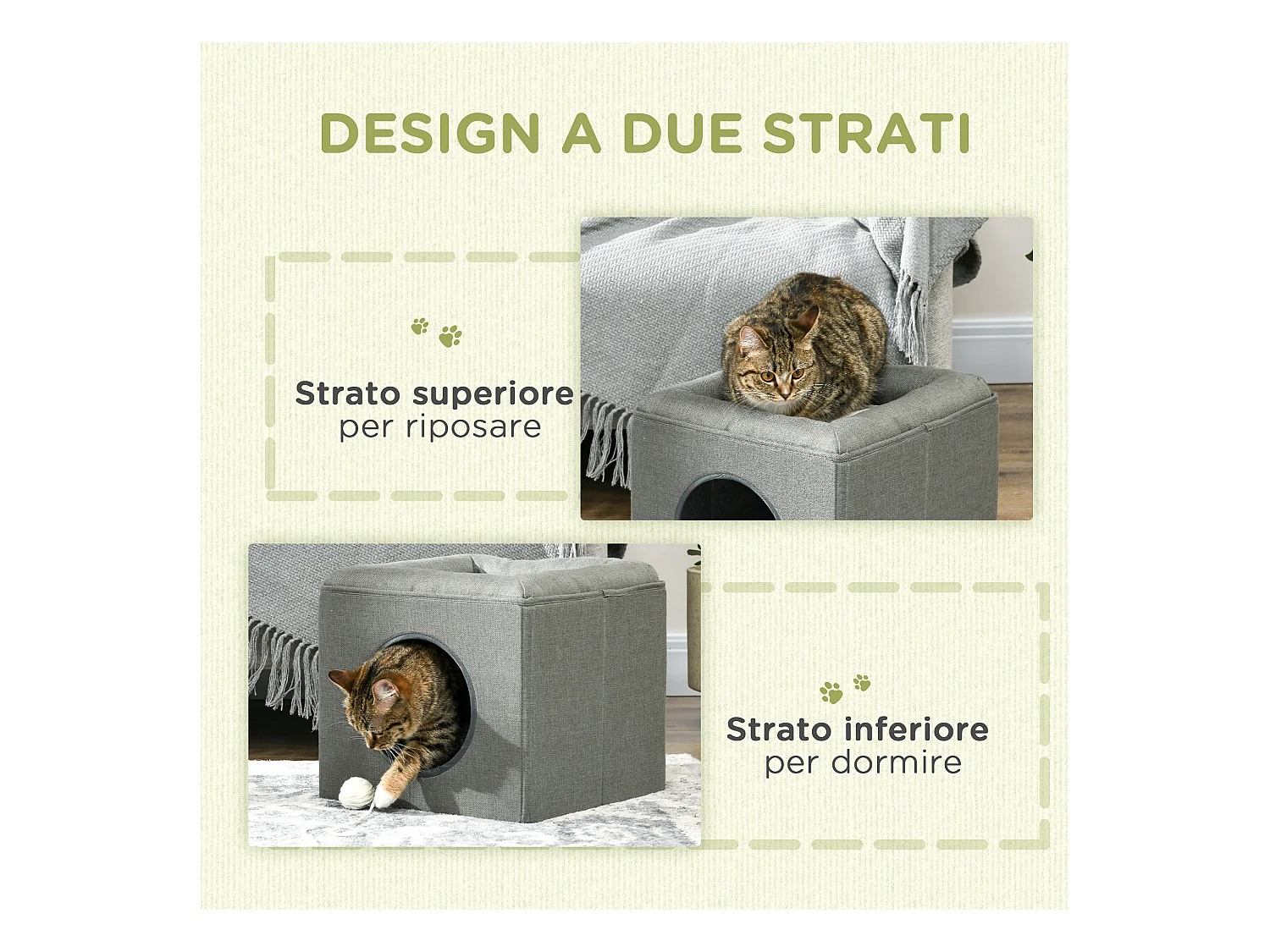 Casetta per gatti a 2 livelli con cuscino e apertura frontale verde