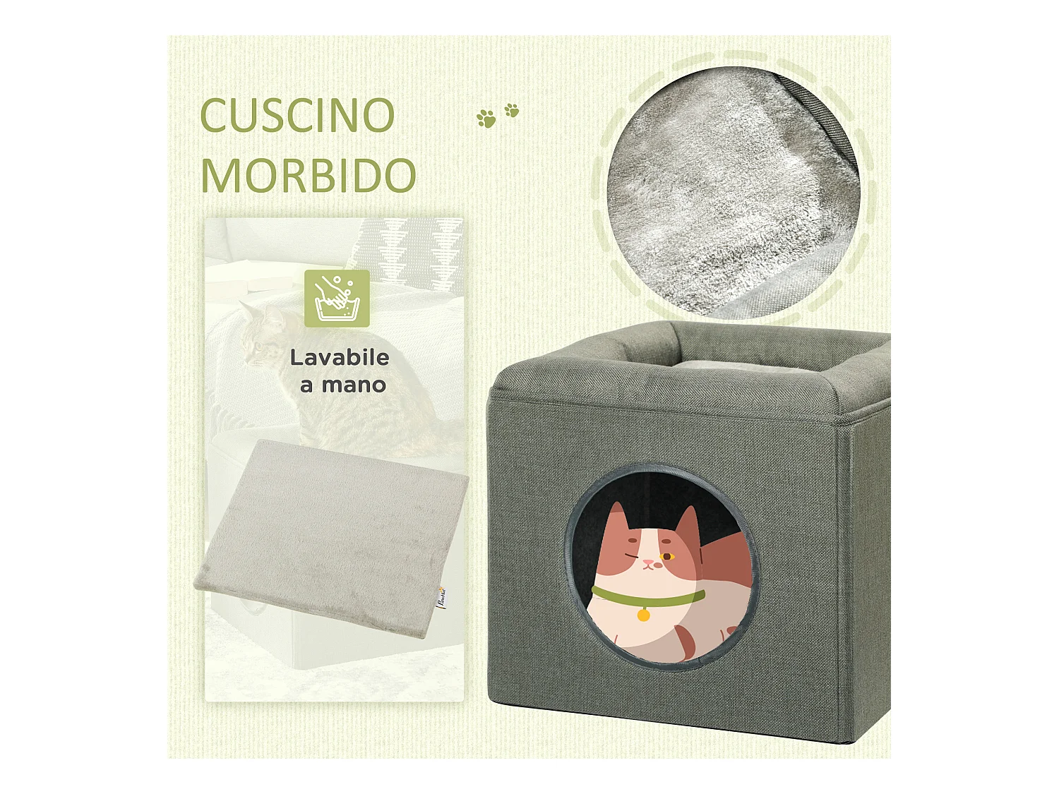 Casetta per gatti a 2 livelli con cuscino e apertura frontale verde