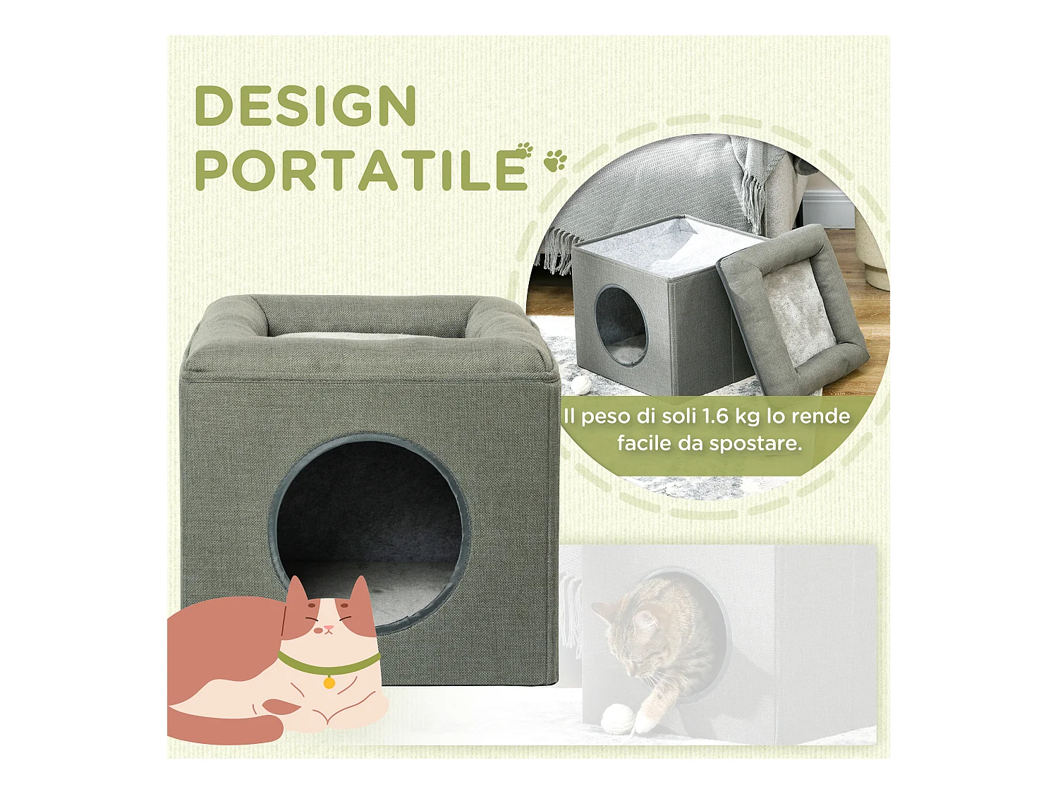 Casetta per gatti a 2 livelli con cuscino e apertura frontale verde