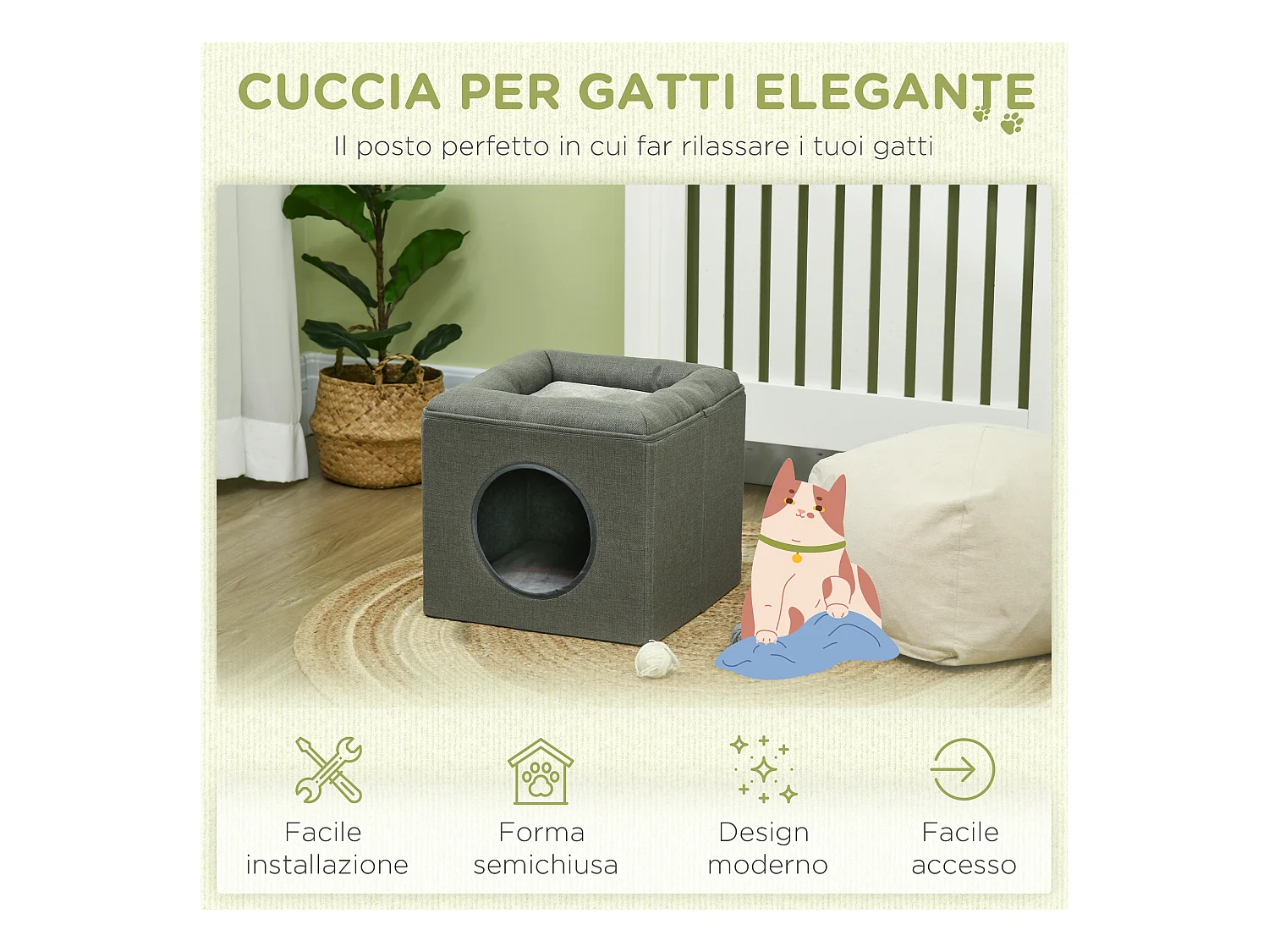 Casetta per gatti a 2 livelli con cuscino e apertura frontale verde
