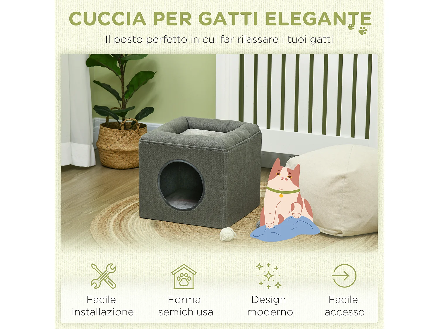 Casetta per gatti a 2 livelli con cuscino e apertura frontale verde