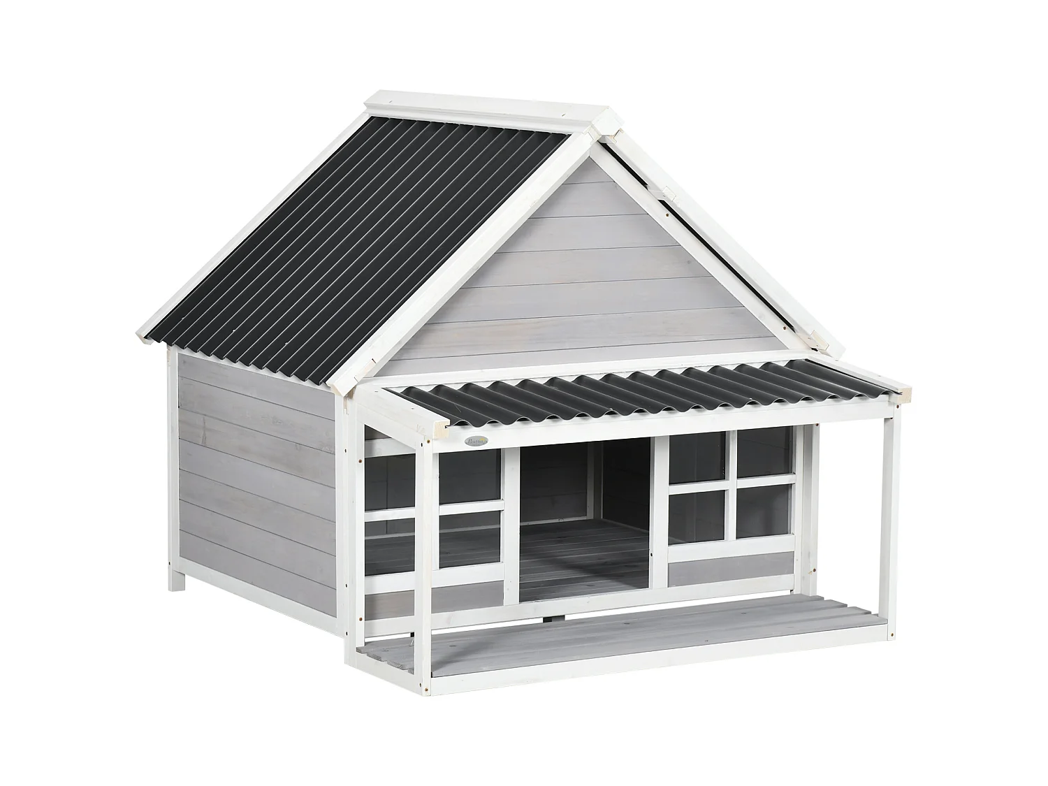 Cuccia per cani da esterno in legno e plastica con portico e finestre