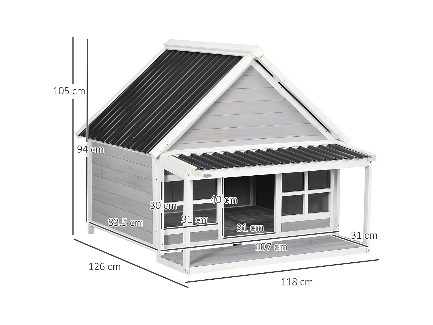 Cuccia per cani da esterno in legno e plastica con portico e finestre