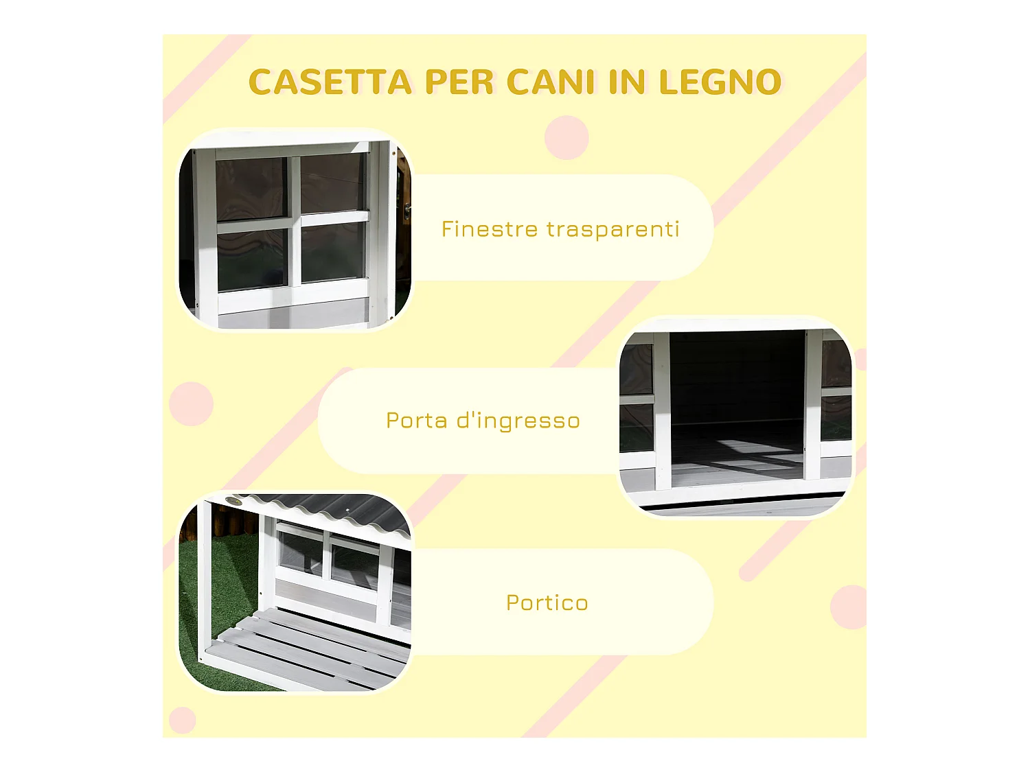 Cuccia per cani da esterno in legno e plastica con portico e finestre