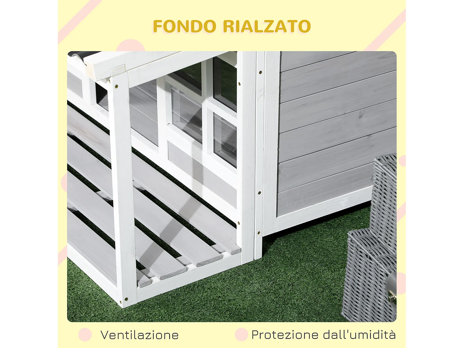 Cuccia per cani da esterno in legno e plastica con portico e finestre