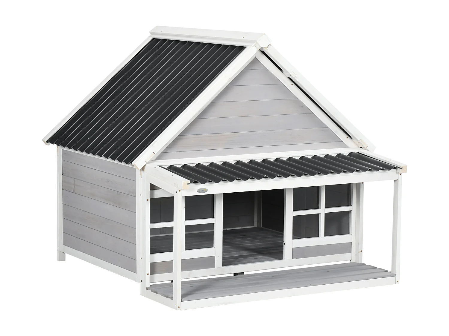 Cuccia per cani da esterno in legno e plastica con portico e finestre