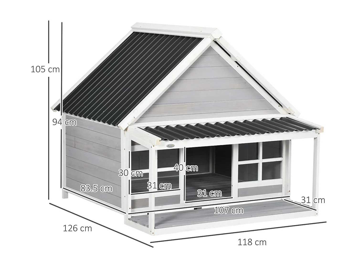 Cuccia per cani da esterno in legno e plastica con portico e finestre
