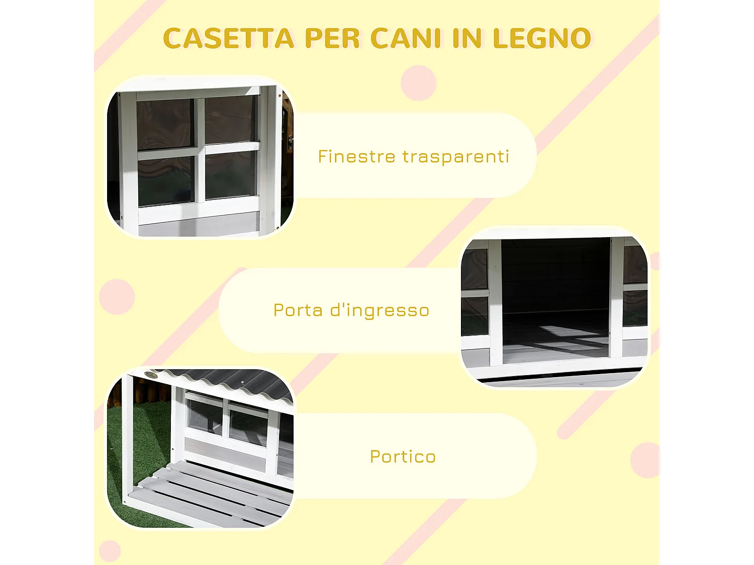 Cuccia per cani da esterno in legno e plastica con portico e finestre