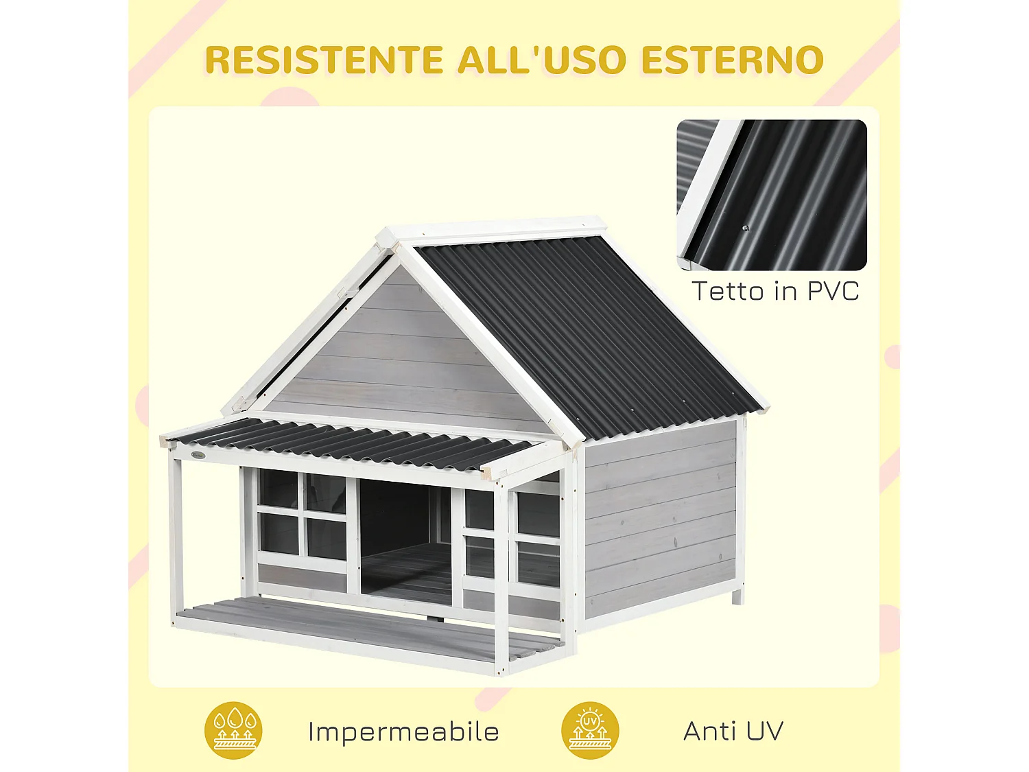 Cuccia per cani da esterno in legno e plastica con portico e finestre