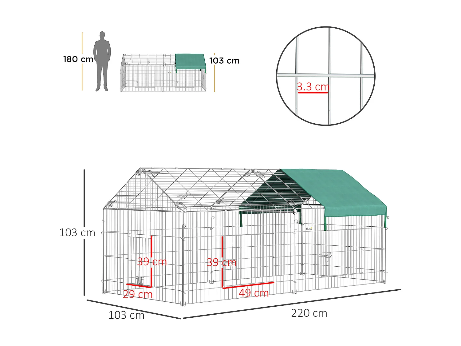 Recinto per animali con telo di copertura porte in acciaio 220x103x103cm