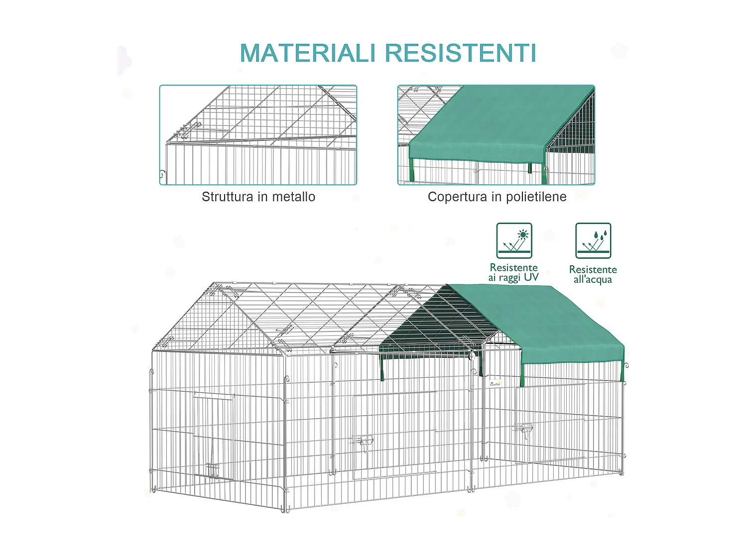 Recinto per animali con telo di copertura porte in acciaio 220x103x103cm