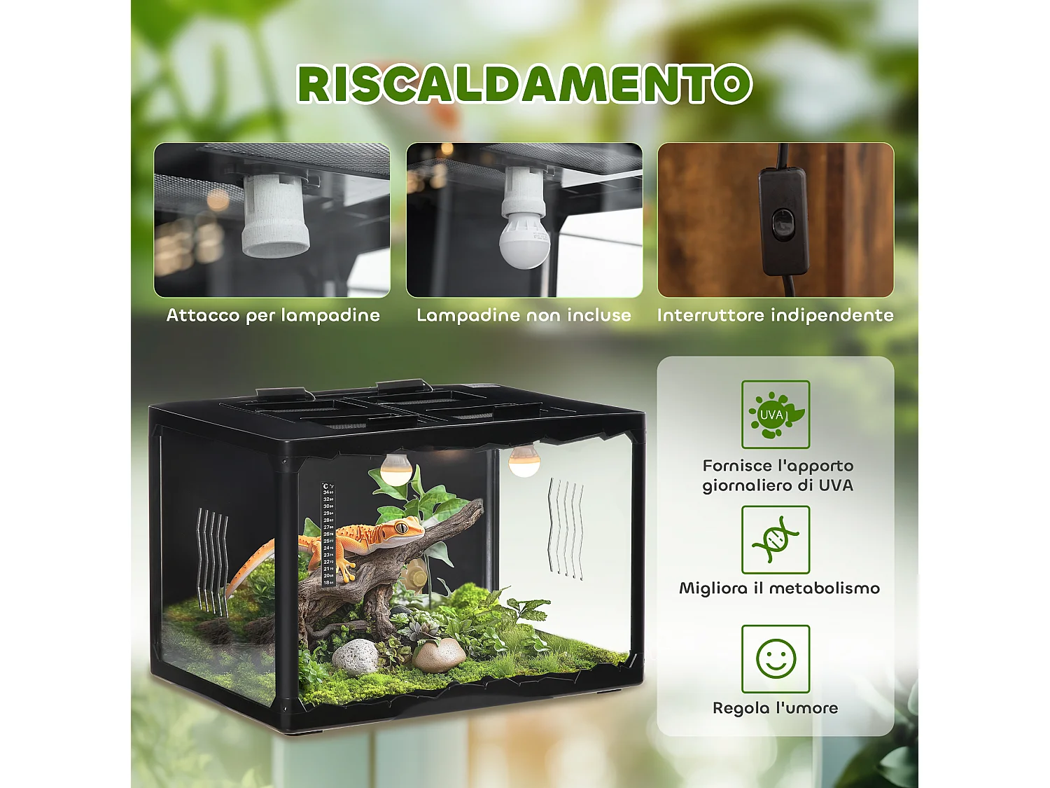 Terrario per tartarughe e rettili termometro 18-34℃ 60x40x40.5cm