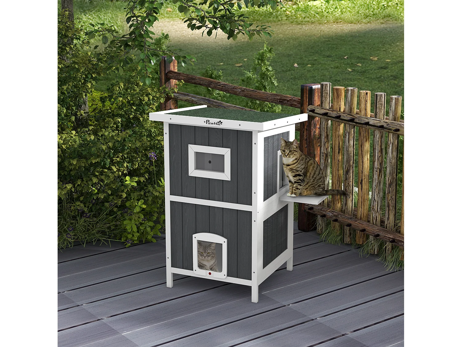 Cuccia per gatti da esterno in legno a 2 livelli con 4 porte grigio
