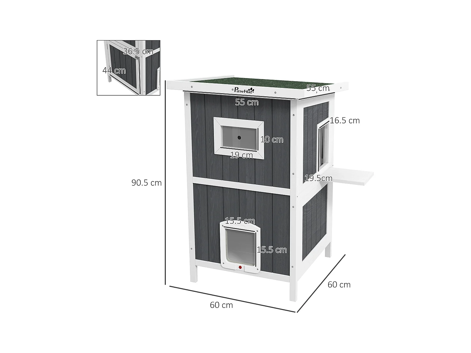 Cuccia per gatti da esterno in legno a 2 livelli con 4 porte grigio