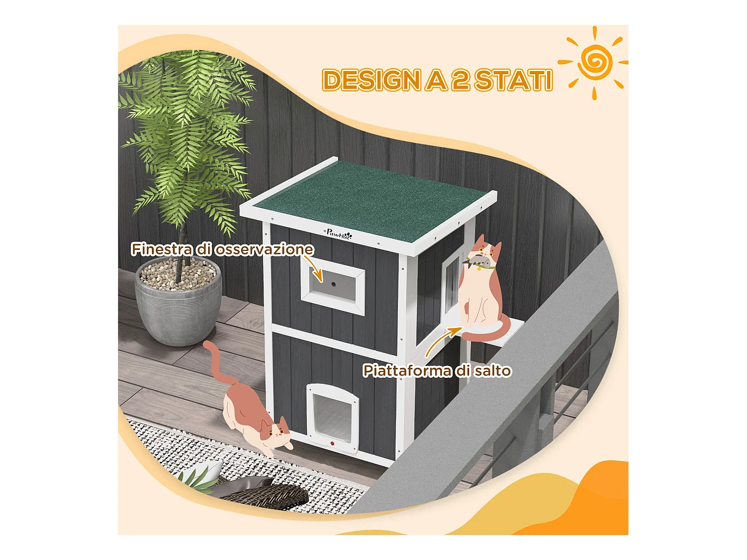 Cuccia per gatti da esterno in legno a 2 livelli con 4 porte grigio