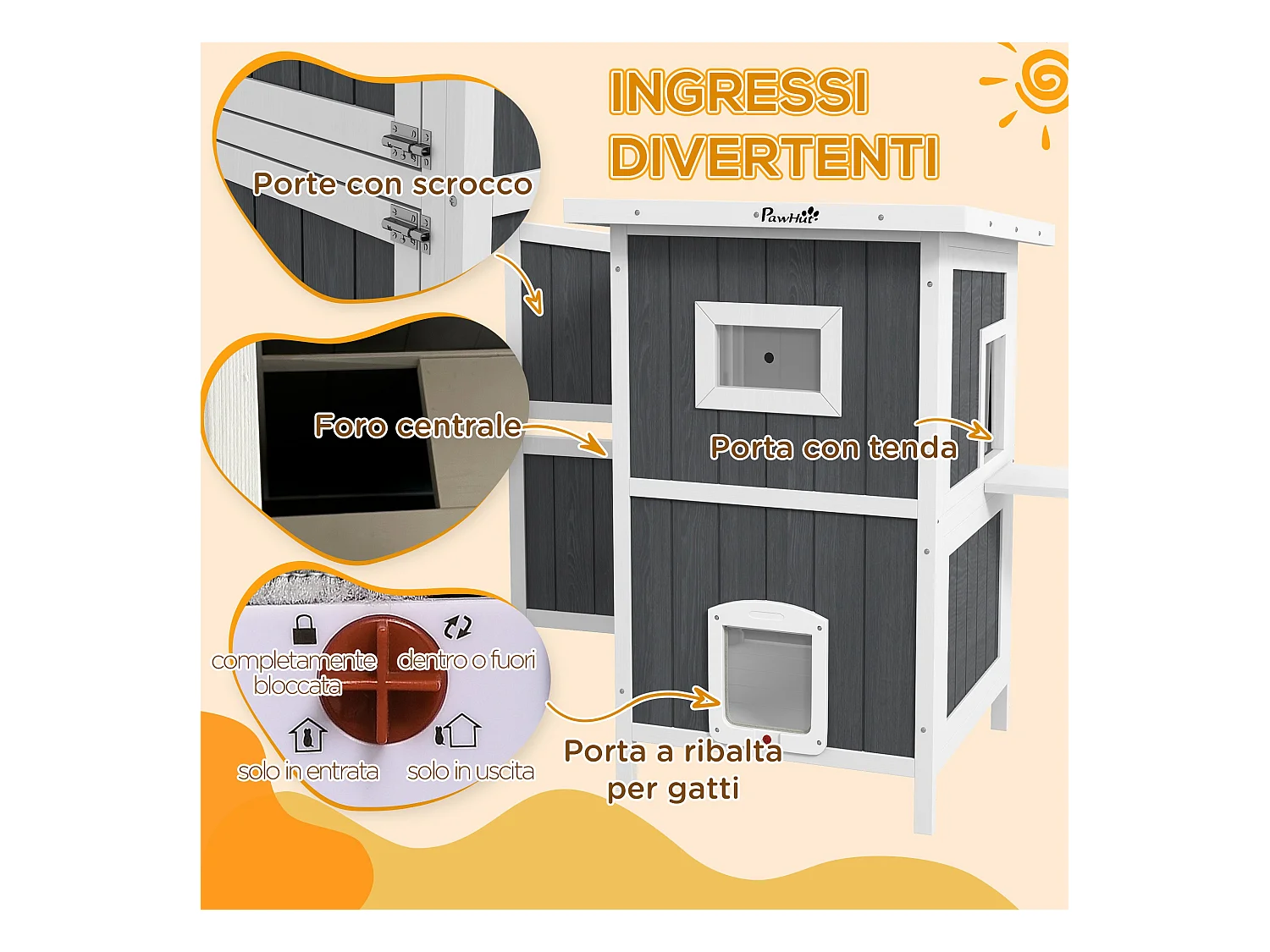 Cuccia per gatti da esterno in legno a 2 livelli con 4 porte grigio