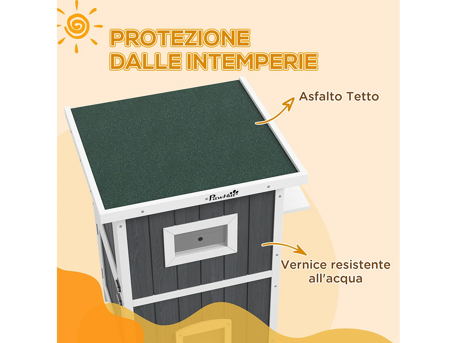 Cuccia per gatti da esterno in legno a 2 livelli con 4 porte grigio