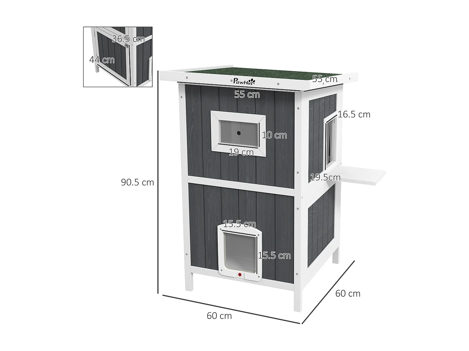 Cuccia per gatti da esterno in legno a 2 livelli con 4 porte grigio