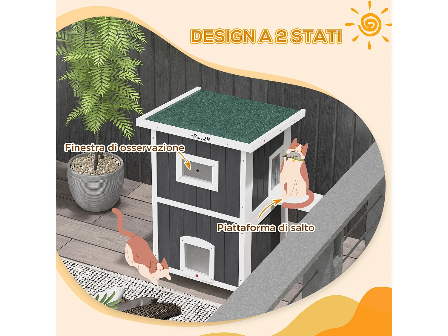 Cuccia per gatti da esterno in legno a 2 livelli con 4 porte grigio
