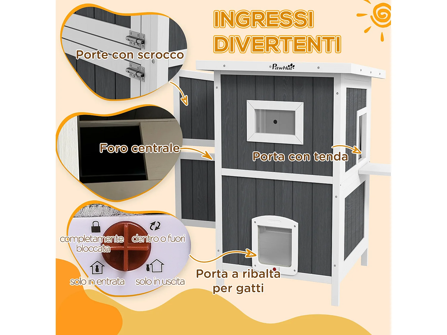 Cuccia per gatti da esterno in legno a 2 livelli con 4 porte grigio