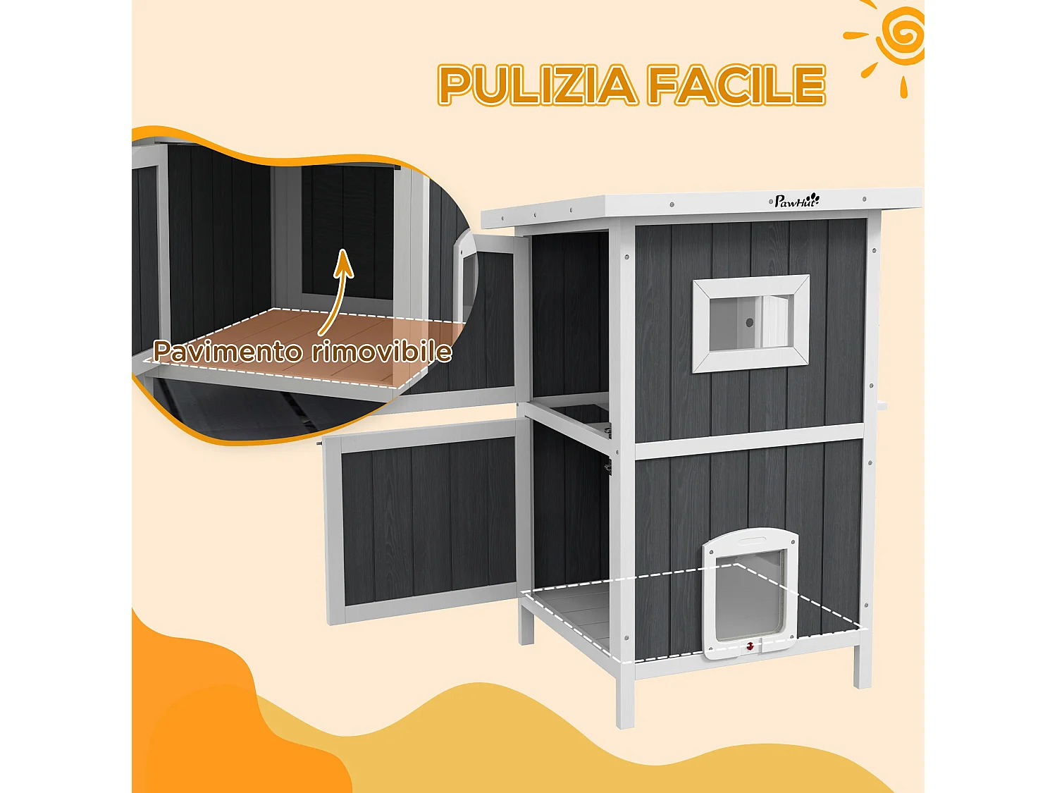 Cuccia per gatti da esterno in legno a 2 livelli con 4 porte grigio