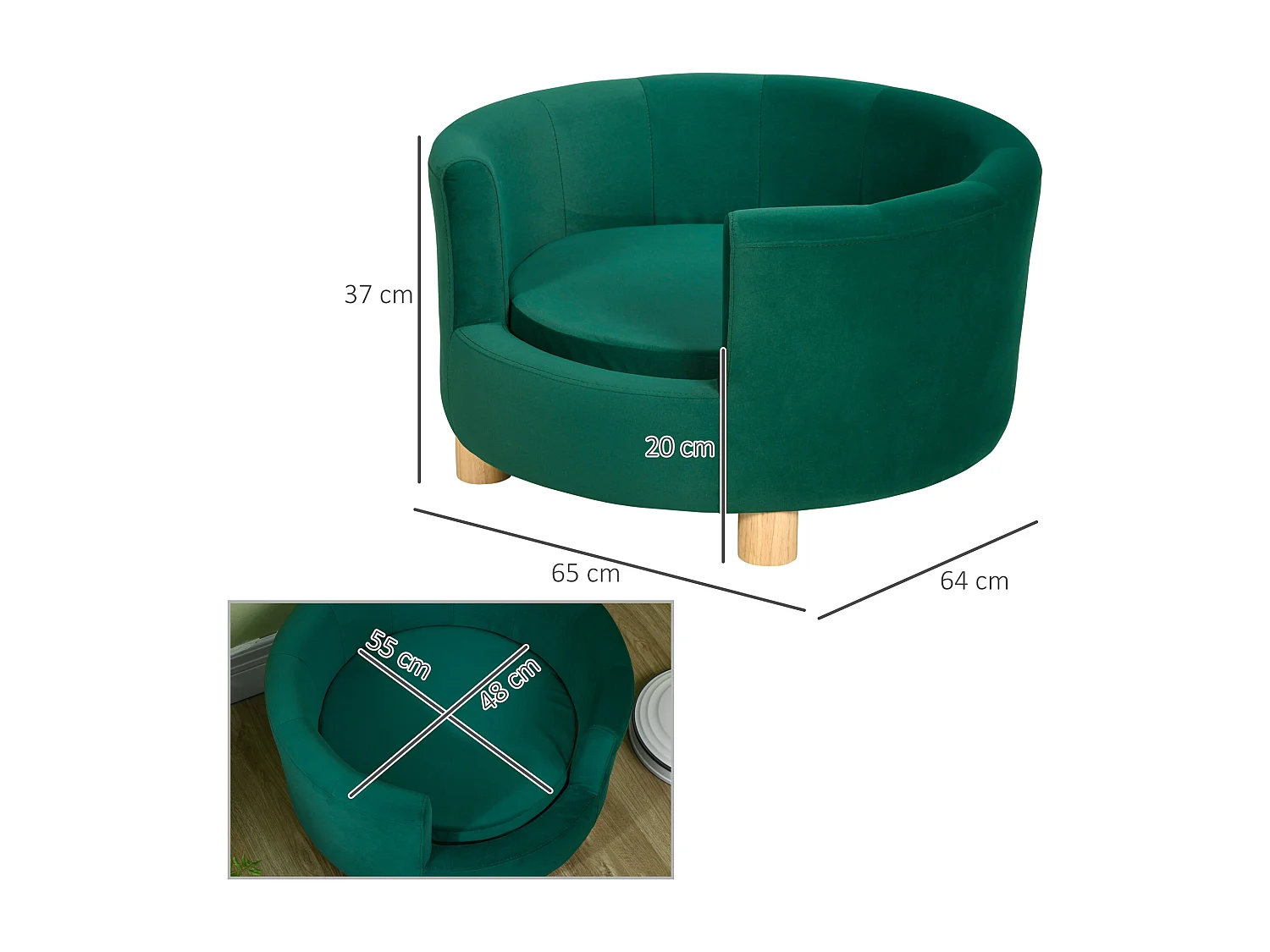 Divano per cani e gatti con schienale e cuscino rimovibile verde