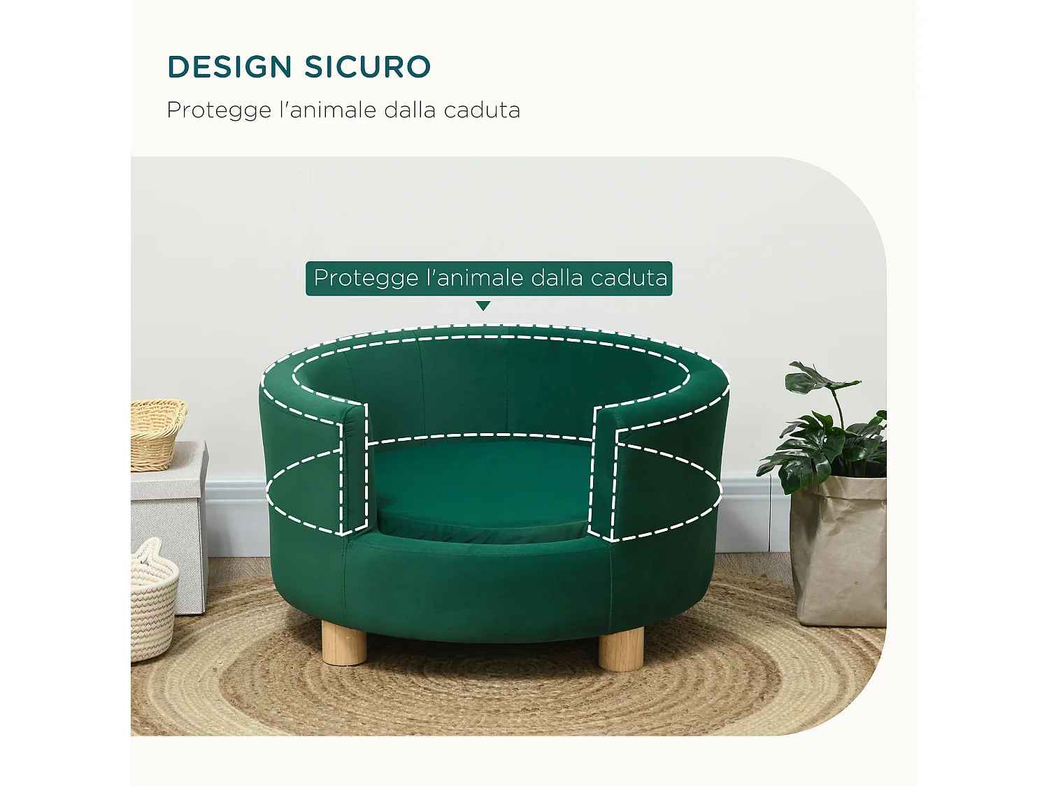 Divano per cani e gatti con schienale e cuscino rimovibile verde