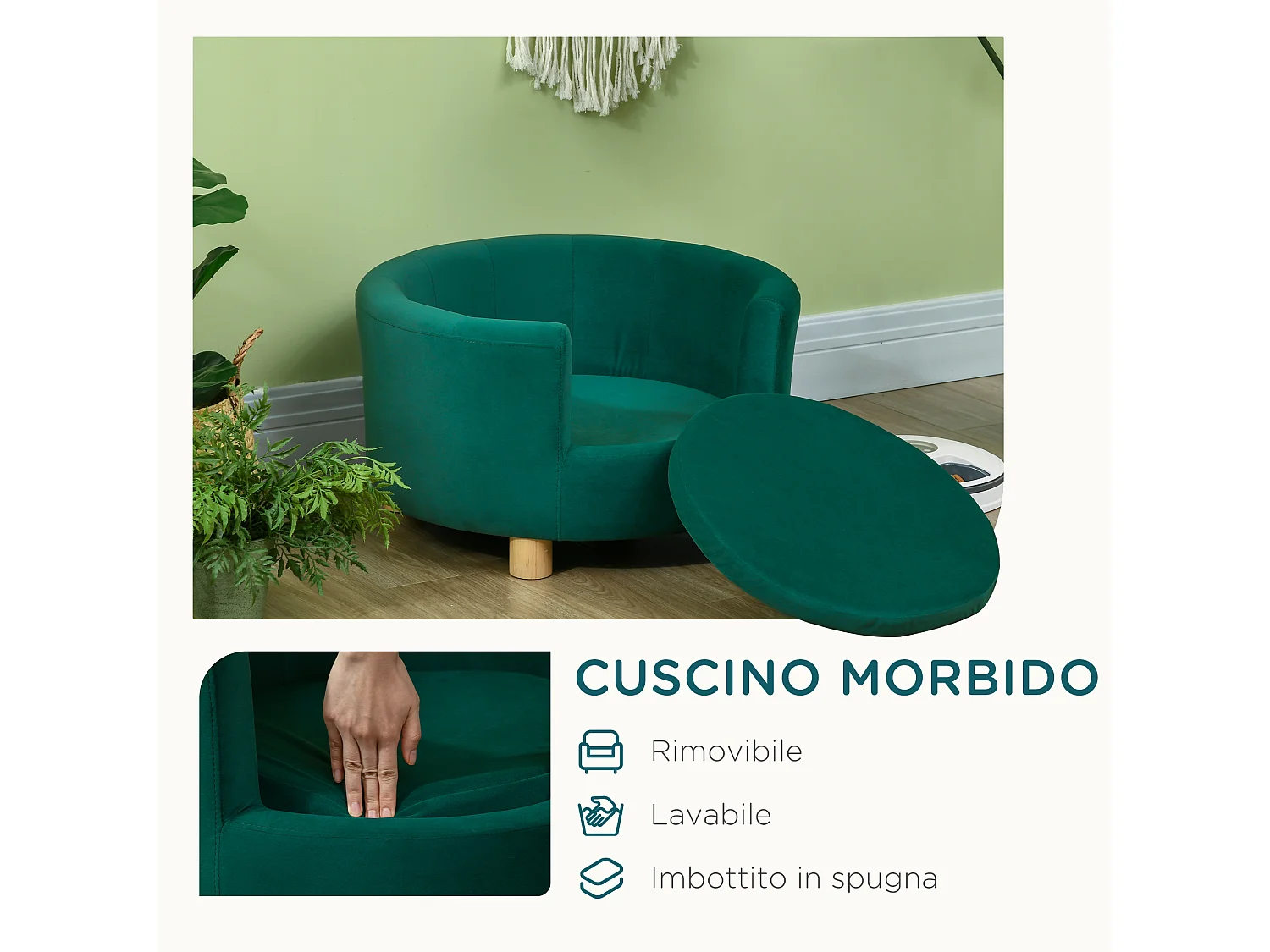 Divano per cani e gatti con schienale e cuscino rimovibile verde