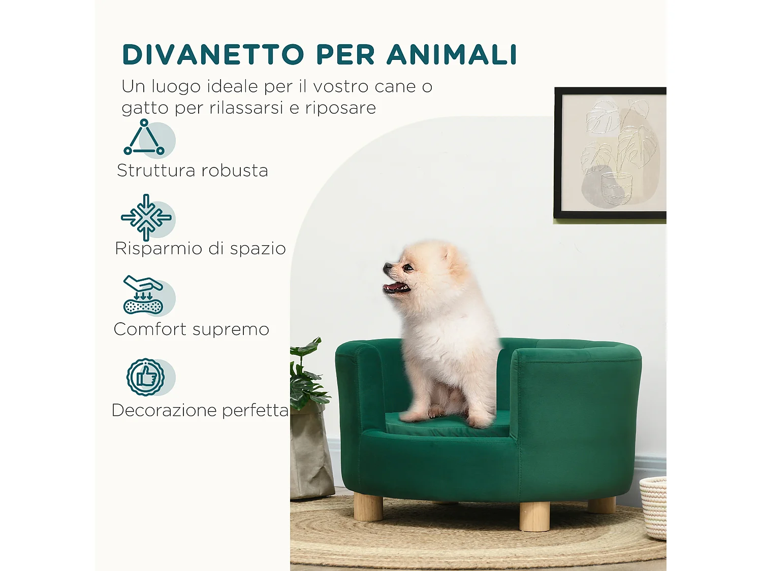 Divano per cani e gatti con schienale e cuscino rimovibile verde
