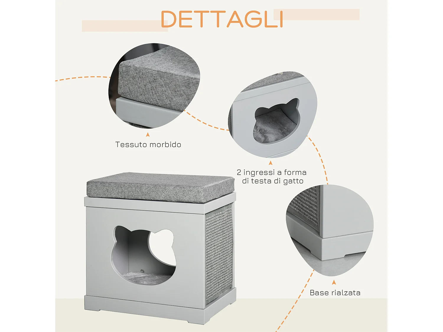 Cuccia per gatti in legno con 2 cuscini e tiragraffi rimovibili, grigio