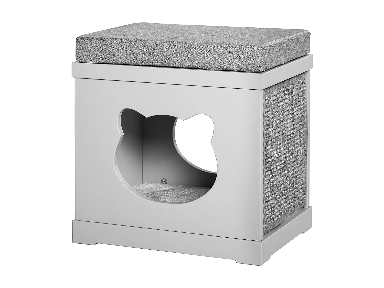 Cuccia per gatti in legno con 2 cuscini e tiragraffi rimovibili, grigio