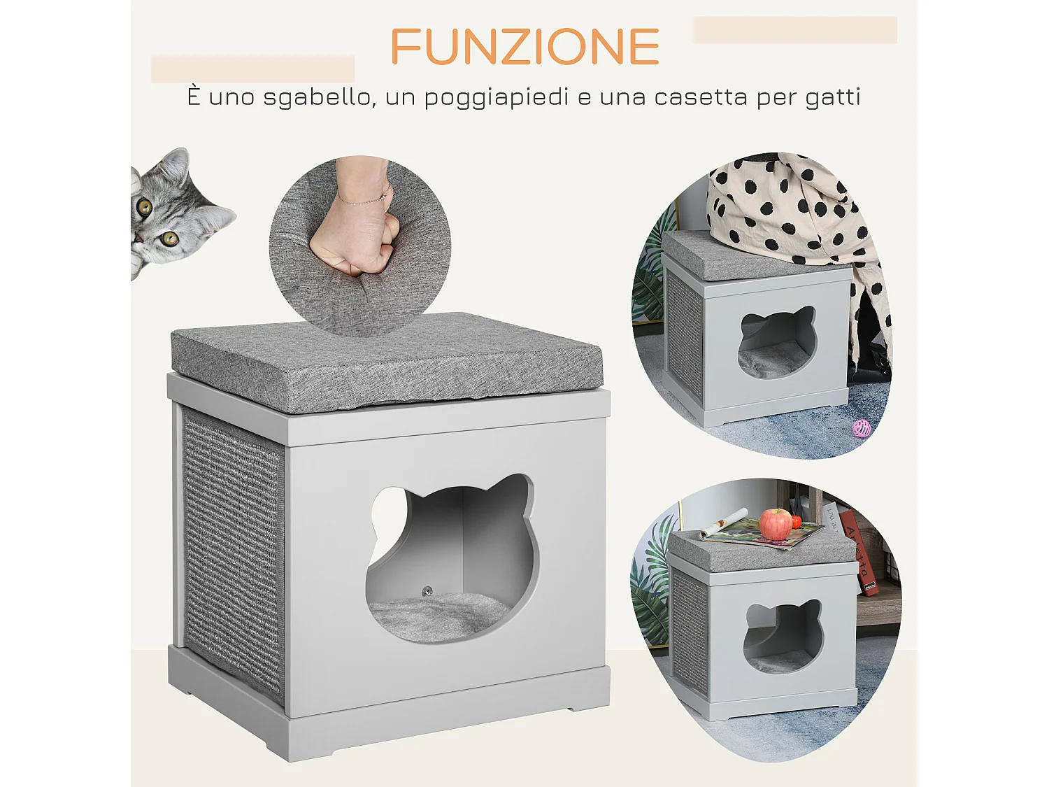 Cuccia per gatti in legno con 2 cuscini e tiragraffi rimovibili, grigio