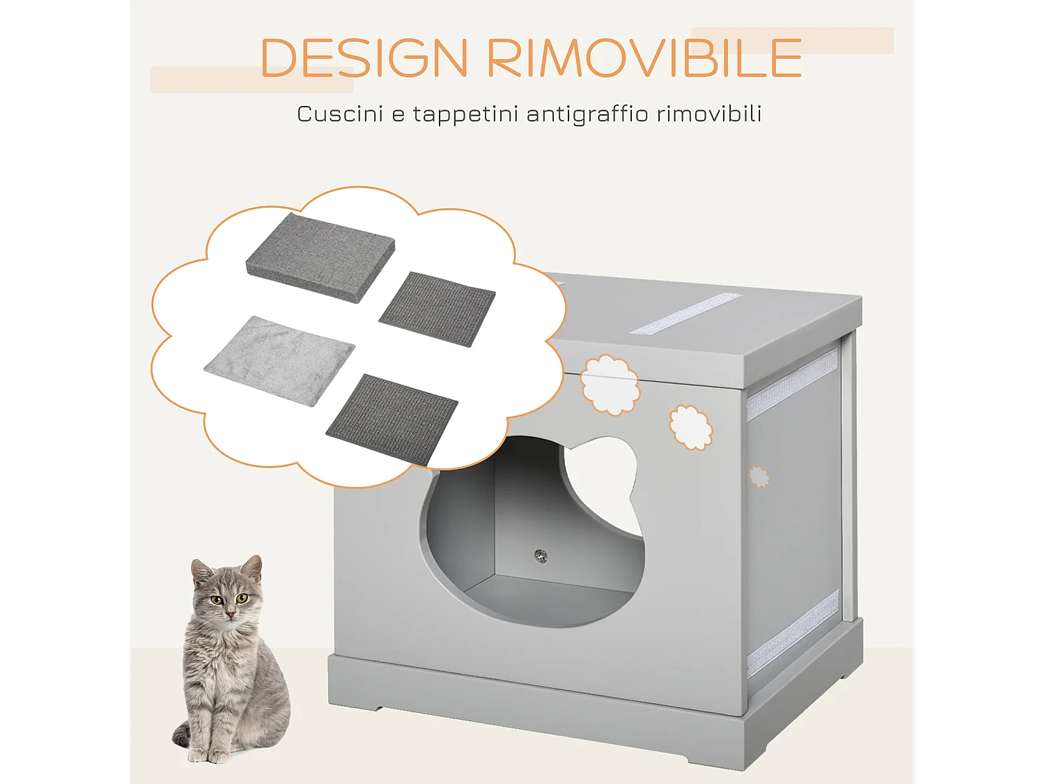 Cuccia per gatti in legno con 2 cuscini e tiragraffi rimovibili, grigio