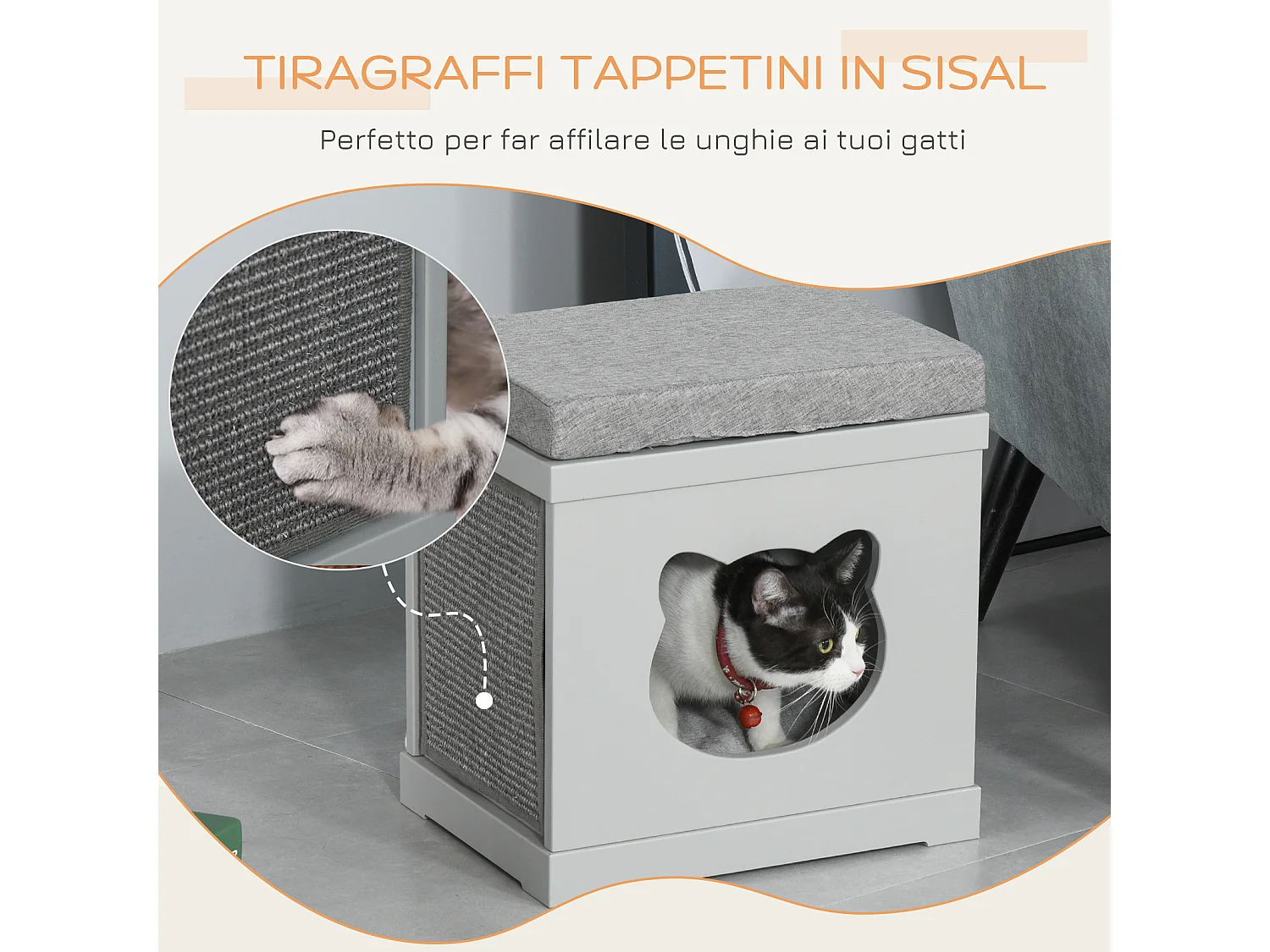 Cuccia per gatti in legno con 2 cuscini e tiragraffi rimovibili, grigio