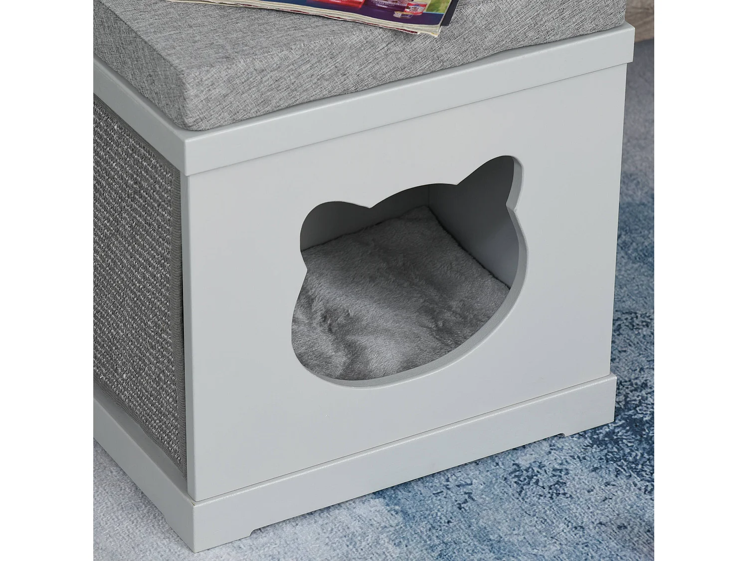 Cuccia per gatti in legno con 2 cuscini e tiragraffi rimovibili, grigio