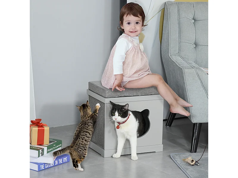 Cuccia per gatti in legno con 2 cuscini e tiragraffi rimovibili, grigio