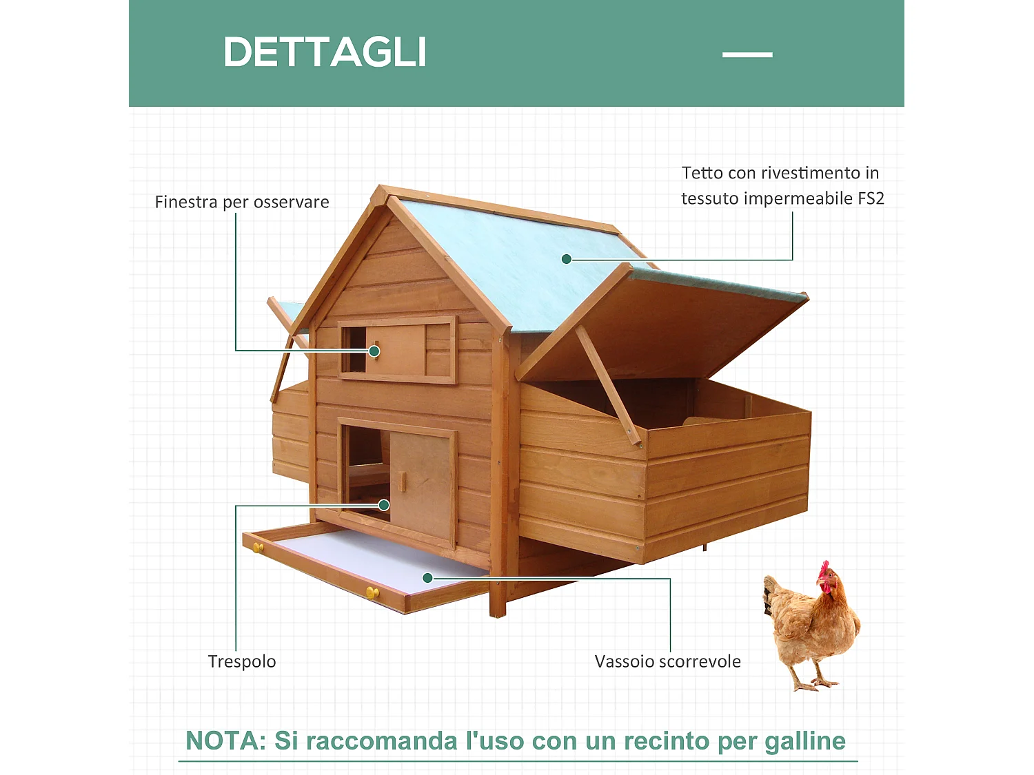 Pollaio gabbia per galline in legno da esterno o giardino impermeabile