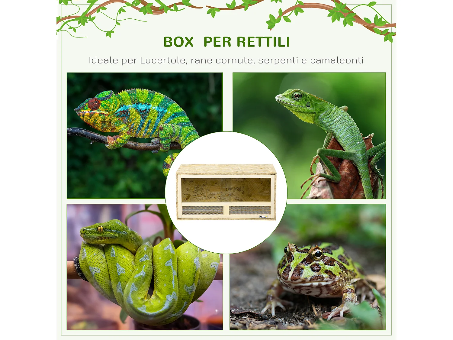 Terrario per rettili in legno porte in vetro e rete 60x29.5x29.5cm