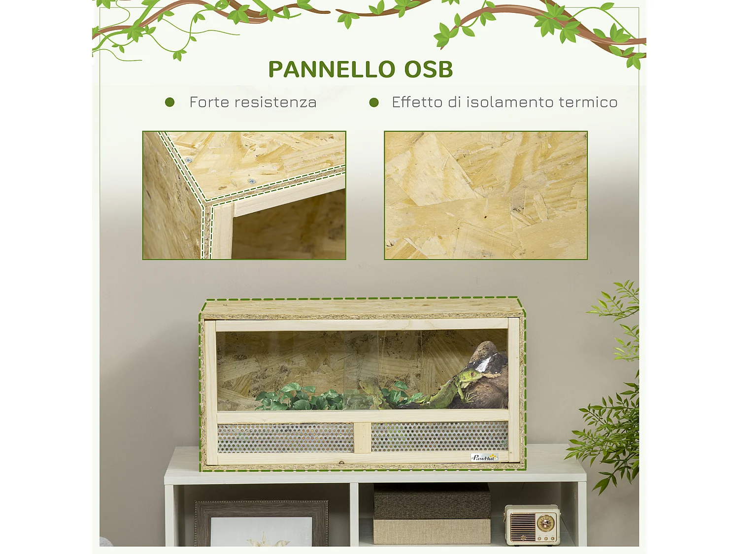 Terrario per rettili in legno porte in vetro e rete 60x29.5x29.5cm