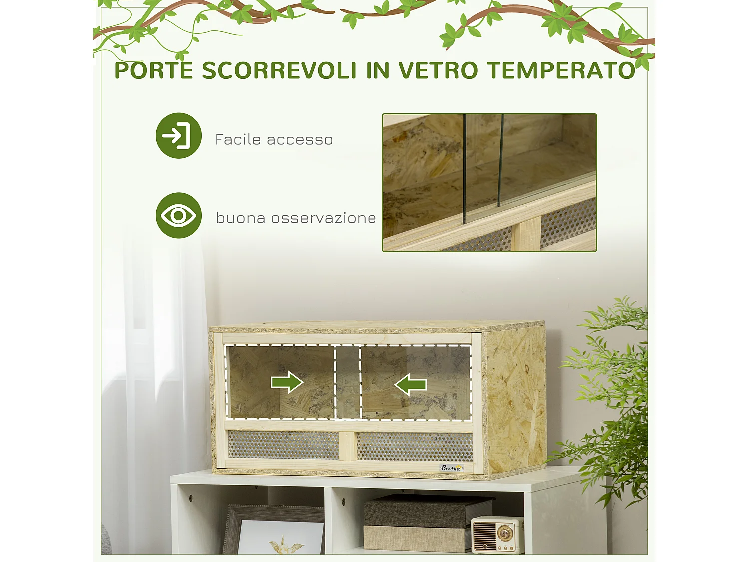 Terrario per rettili in legno porte in vetro e rete 60x29.5x29.5cm